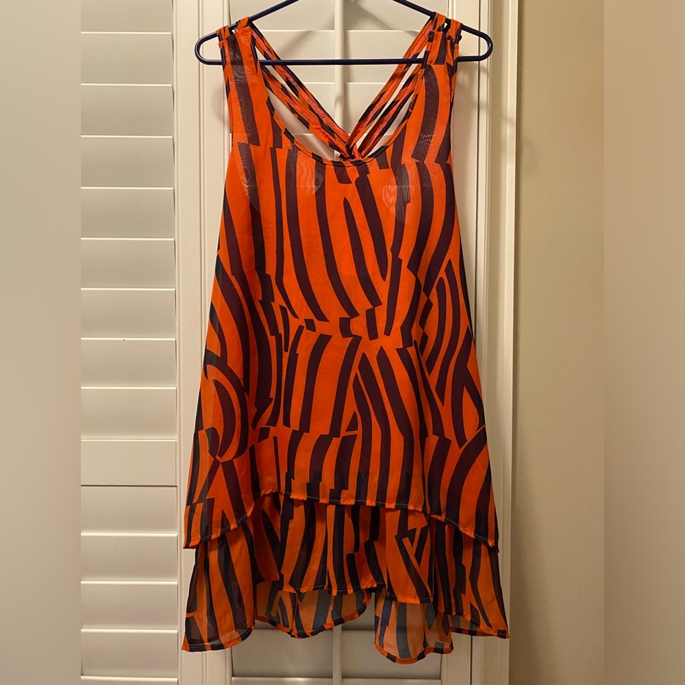 Blu Pepper Dress Orange Blue Sundress Ruffles Sleeveless Size Large